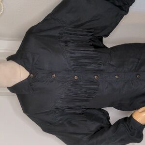 M.J. Carroll Pure Silk Black Fringe Blouse Button Front Long Sleeve Sz Large